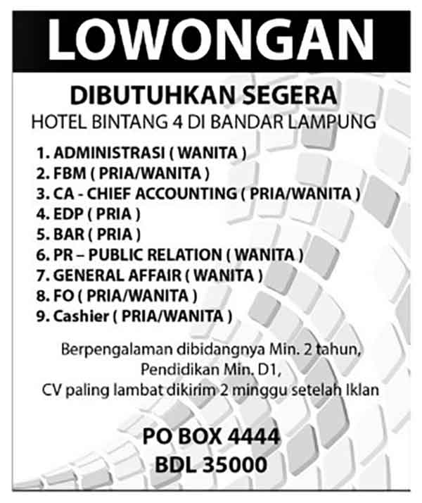 iklan lamaran pekerjaan di hotel